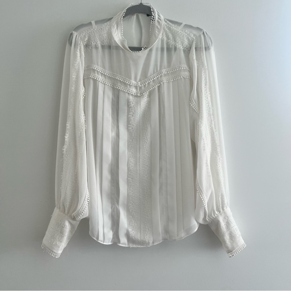 White House Black Market Mock Neck Lace Trim Sheer Blouse Size M - Picture 4 of 14